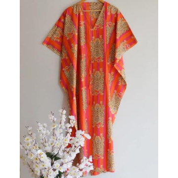 Indian Printed Handmade Kaftan Dress Long Top Caftan, Dress Beach Cover up, Tiger Hand Block Print Sleepwear Maxi Dress Kimono Robe Multi