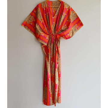 Indian Printed Handmade Kaftan Dress Long Top Caftan, Dress Beach Cover up, Tiger Hand Block Print Sleepwear Maxi Dress Kimono Robe Multi
