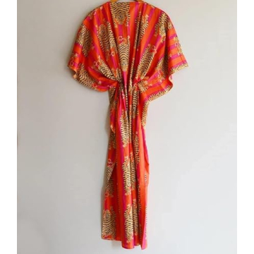 Indian Printed Handmade Kaftan Dress Long Top Caftan, Dress Beach Cover up, Tiger Hand Block Print Sleepwear Maxi Dress Kimono Robe Multi