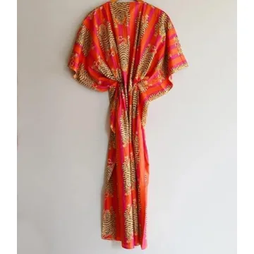 Indian Printed Handmade Kaftan Dress Long Top Caftan, Dress Beach Cover up, Tiger Hand Block Print Sleepwear Maxi Dress Kimono Robe Multi