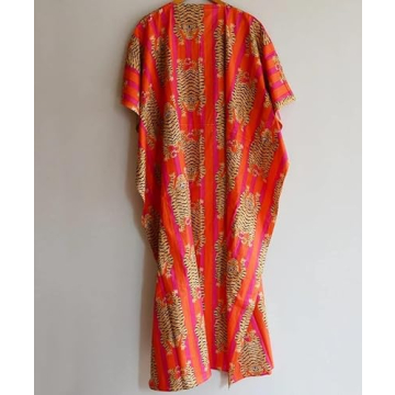 Indian Printed Handmade Kaftan Dress Long Top Caftan, Dress Beach Cover up, Tiger Hand Block Print Sleepwear Maxi Dress Kimono Robe Multi
