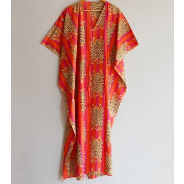 Indian Printed Handmade Kaftan Dress Long Top Caftan, Dress Beach Cover up, Tiger Hand Block Print Sleepwear Maxi Dress Kimono Robe Multi