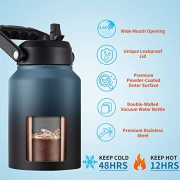 EALGRO Gallon Insulated Water Bottle Jug with Straw, 128 oz Large Stainless Steel Sports Metal Water Canteen With Handle, Thermal Water Cup Mug with 2 Lids, Dark Rainbow