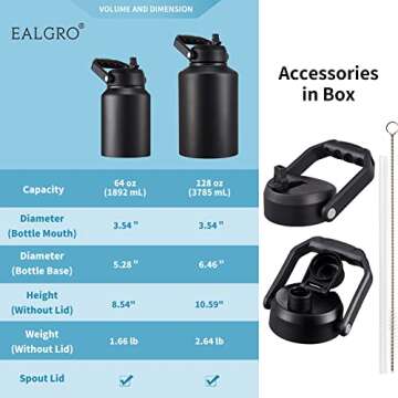EALGRO Gallon Insulated Water Bottle Jug with Straw, 128 oz Large Stainless Steel Sports Metal Water Canteen With Handle, Thermal Water Cup Mug with 2 Lids, Dark Rainbow