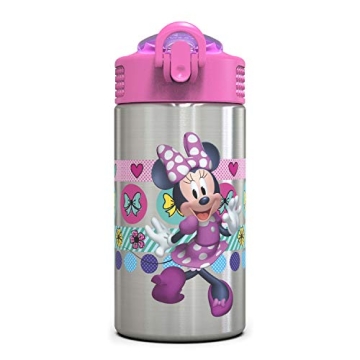 Zak Designs Disney Minnie’s Happy Helpers Stainless Steel Water Bottle with One Hand Operation Act...