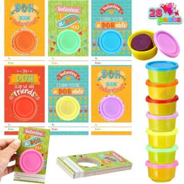 JOYIN 28 PCS Valentine Day Gift Cards with Colorful Playing Dough for Kids Party Favors, Valentine's Classroom Exchange Prize