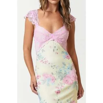 Women Lace Patchwork Floral Maxi Dress Y2k Sleeveless Deep V Neck Long Dress Printed Backless Mesh Dress Vacation(B1-Lace Pink,L)