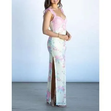 Women Lace Patchwork Floral Maxi Dress Y2k Sleeveless Deep V Neck Long Dress Printed Backless Mesh Dress Vacation(B1-Lace Pink,L)