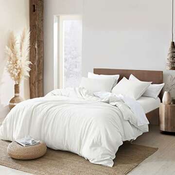 PANDATEX White Linen-Textured Rayon, Cotton, Linen Blend Duvet Cover Set, Pre-Washed Soft Breathable...