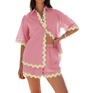 Danedvi Womens 2 Piece Outfits Beach Vacation Summer Short Sleeve Button Down Shirts and Shorts Loun...