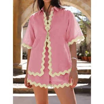 Danedvi Womens 2 Piece Outfits Beach Vacation Summer Short Sleeve Button Down Shirts and Shorts Lounge Sets