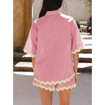 Danedvi Womens 2 Piece Outfits Beach Vacation Summer Short Sleeve Button Down Shirts and Shorts Lounge Sets