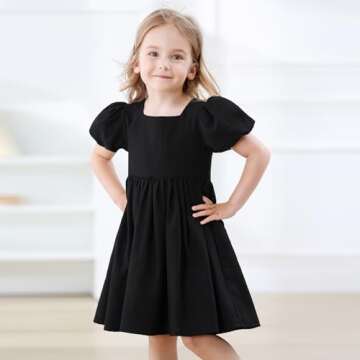 KARETT Toddler Girl Dress Vintage Dress Little Girls Cotton Puff Short Sleeve Dresses Swing Casual Elegant Formal Dress Black