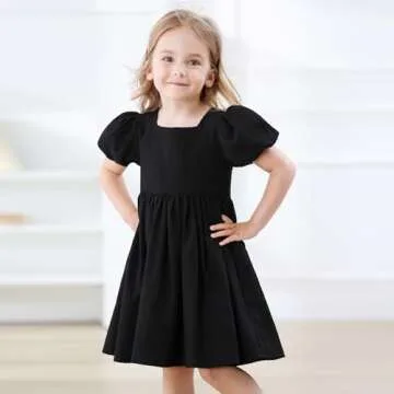 KARETT Toddler Girl Dress Vintage Dress Little Girls Cotton Puff Short Sleeve Dresses Swing Casual Elegant Formal Dress Black