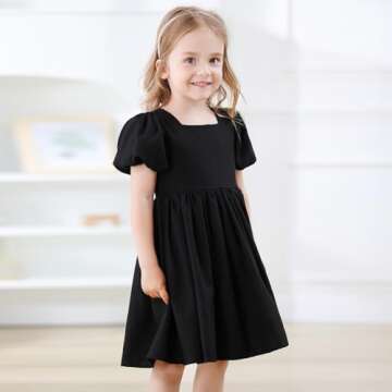 KARETT Toddler Girl Dress Vintage Dress Little Girls Cotton Puff Short Sleeve Dresses Swing Casual Elegant Formal Dress Black