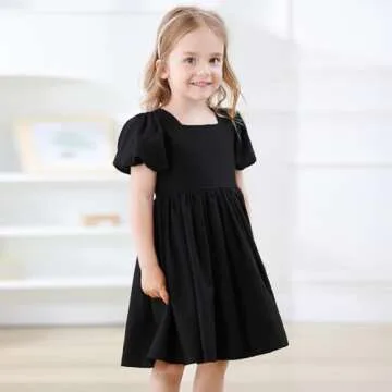 KARETT Toddler Girl Dress Vintage Dress Little Girls Cotton Puff Short Sleeve Dresses Swing Casual Elegant Formal Dress Black