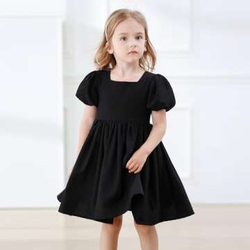 KARETT Toddler Girl Dress Vintage Dress Little Girls Cotton Puff Short Sleeve Dresses Swing Casual Elegant Formal Dress Black