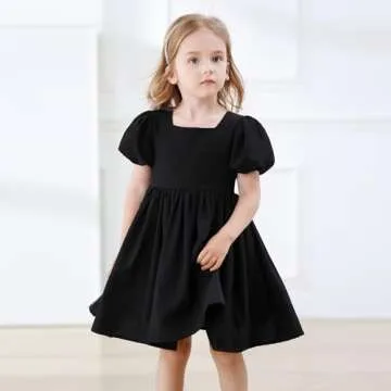 KARETT Toddler Girl Dress Vintage Dress Little Girls Cotton Puff Short Sleeve Dresses Swing Casual Elegant Formal Dress Black