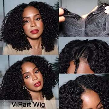 UNICE V Part Wig Human Hair Kinky Curly Upgrade U Part Human Hair Wig No Tracks 4x1 inch Lace V Part Human Hair Wig Wear Go Glueless Wig for Women Beginner Friendly 180% Density 16 inch
