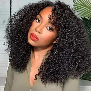 UNICE V Part Wig Human Hair Kinky Curly Upgrade U Part Human Hair Wig No Tracks 4x1 inch Lace V Part Human Hair Wig Wear Go Glueless Wig for Women Beginner Friendly 180% Density 16 inch