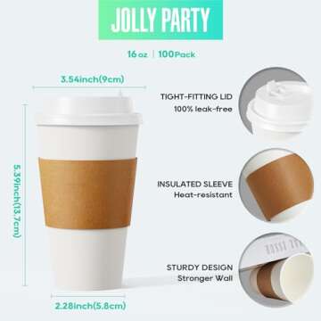 [100 Pack] 16 oz Paper Coffee Cups, Disposable Paper Coffee Cup with Lids, Sleeves, and Stirrers, Ho...