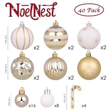 NoelNest Christmas Ball Ornaments Set, 40ct White and Gold Shatterproof Christmas Tree Decorations B...