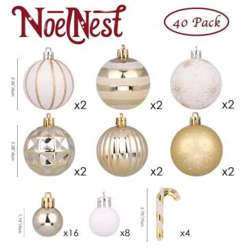 NoelNest Christmas Ball Ornaments Set, 40ct White and Gold Shatterproof Christmas Tree Decorations B...