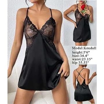 Avidlove Women Silky Lingerie V Neck Nightwear Satin Sleepwear Lace Chemise Mini Teddy Black Small