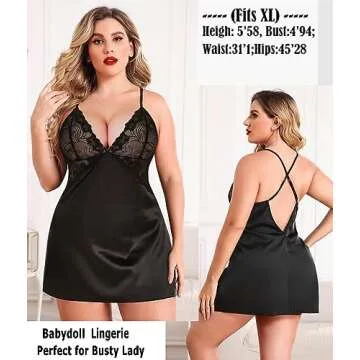 Avidlove Women Silky Lingerie V Neck Nightwear Satin Sleepwear Lace Chemise Mini Teddy Black Small