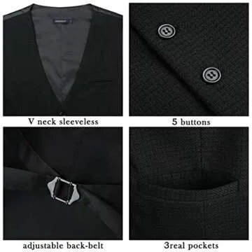 HISDERN Men's Suit Vest Black Vest Lightweight Formal Dress Vest Business Tuxedo Waistcoat Slim Fit Jacket or Suit for Wedding