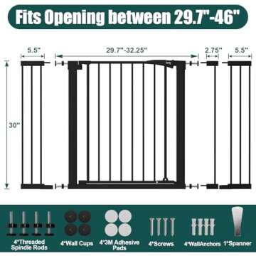 keny 29.7"-46" Baby Gate for Stairs, Auto Close Dog Gates for Doorways, Pressured Mounted No Drilling Pet Gate Extra Wide, Easy Walk Thru Stair Gate, 30" Tall, Black