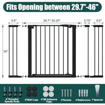 keny 29.7"-46" Baby Gate for Stairs, Auto Close Dog Gates for Doorways, Pressured Mounted No Drilling Pet Gate Extra Wide, Easy Walk Thru Stair Gate, 30" Tall, Black
