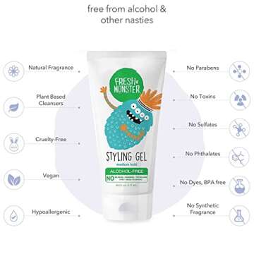 Fresh Monster Kids Hair Styling Gel, Medium Hold Alcohol-Free, Natural Hair Gel for Kids & Toddlers (6oz.)