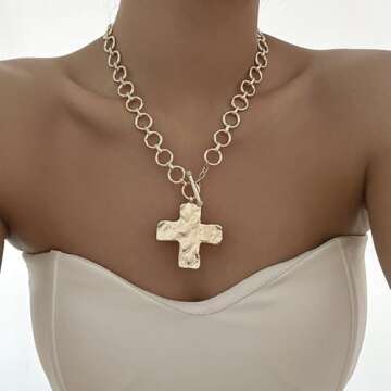 Chunky Cross Necklace for Women Hammered Bold Cross Pearl Layered Necklace Baroque Pearl Costume Jew...