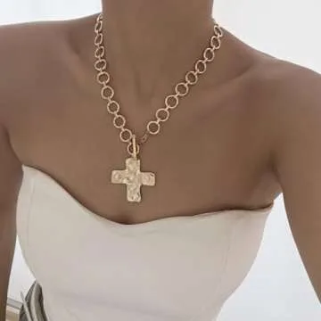 Chunky Cross Necklace for Women Hammered Bold Cross Pearl Layered Necklace Baroque Pearl Costume Jewelry