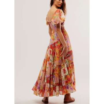 Women Spring Dresses Flowy Smocked Maxi Dress Puff Sleeve Sweetheart Y2K Floral Boho Summer Sundress...
