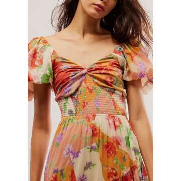 Women Spring Dresses Flowy Smocked Maxi Dress Puff Sleeve Sweetheart Y2K Floral Boho Summer Sundresses, Orange, Small