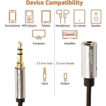 Amazon Basics 3.5mm Auxiliary Male to Female Jack Audio Extension Cable, Adapter for Headphone or Smartphone, 12 Foot, Black, AZ35MF02