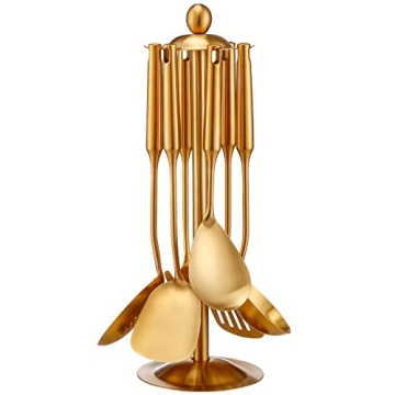Gold Kitchen Utensils Set with Rotating Holder – 7 Piece