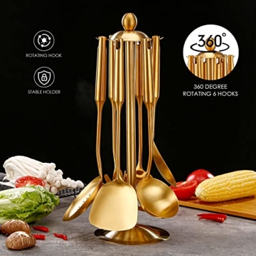 Gold Kitchen Utensils Set with Rotating Holder – 7 Piece