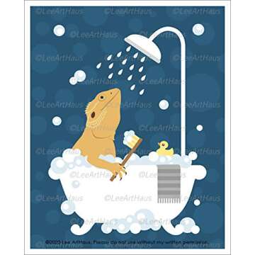 1R - Bearded Dragon Lizard in Bubble Bath Bathtub UNFRAMED Wall Art Print by Lee ArtHaus