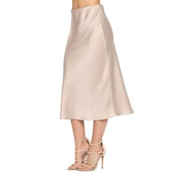 Women Solid High Waist Silky Casual Elastic Satin Midi Skirt - Made in USA(Small,Beige)