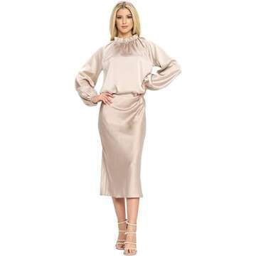 Women Solid High Waist Silky Casual Elastic Satin Midi Skirt - Made in USA(Small,Beige)