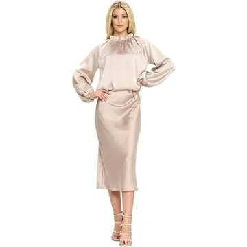 Women Solid High Waist Silky Casual Elastic Satin Midi Skirt - Made in USA(Small,Beige)