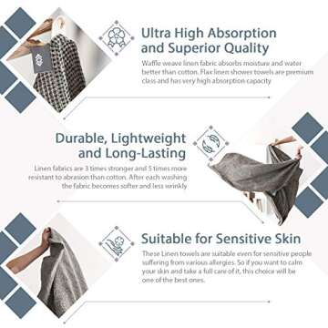 Pure 100% Linen Hand Towels - Set of 2 Linen Kitchen Towels Waffle Weave Black-Natural - 13 x 29-inch Soft Lightweight Stone-Washed Linen Dish Towels - Quick-Dry Linen Tea Towel - Kitchen Linens