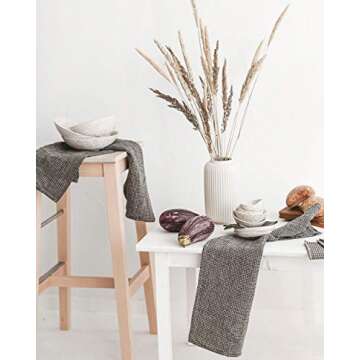 Pure 100% Linen Hand Towels - Set of 2 Linen Kitchen Towels Waffle Weave Black-Natural - 13 x 29-inch Soft Lightweight Stone-Washed Linen Dish Towels - Quick-Dry Linen Tea Towel - Kitchen Linens