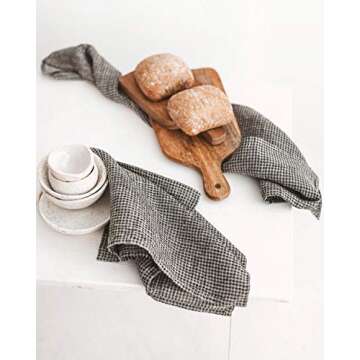 Pure 100% Linen Hand Towels - Set of 2 Linen Kitchen Towels Waffle Weave Black-Natural - 13 x 29-inch Soft Lightweight Stone-Washed Linen Dish Towels - Quick-Dry Linen Tea Towel - Kitchen Linens