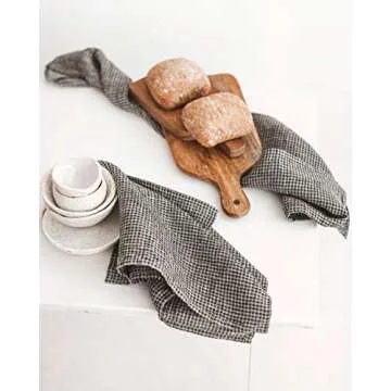 Pure 100% Linen Hand Towels - Set of 2 Linen Kitchen Towels Waffle Weave Black-Natural - 13 x 29-inch Soft Lightweight Stone-Washed Linen Dish Towels - Quick-Dry Linen Tea Towel - Kitchen Linens