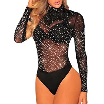 Eiffel Women's Sheer Mesh Turtleneck Neck See Through Leotard Bodysuit Body Tops Black