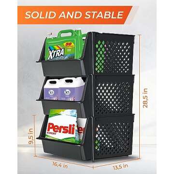 Skywin Large Plastic Stackable Storage Bins for Pantry Black - 3-Pack, Large Stackable Bins For Organizing Food, Kitchen, and Bathroom Essentials (Rhombus)